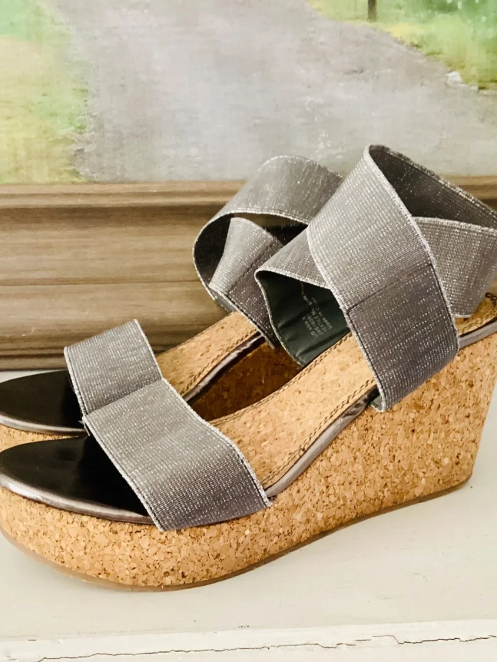 Volatile Silver Elastic Ankle Strap Wedge Cork Platforms Women’s Size 8 Stretch